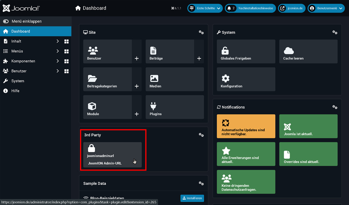 AdminURL Einstellungen im Backend