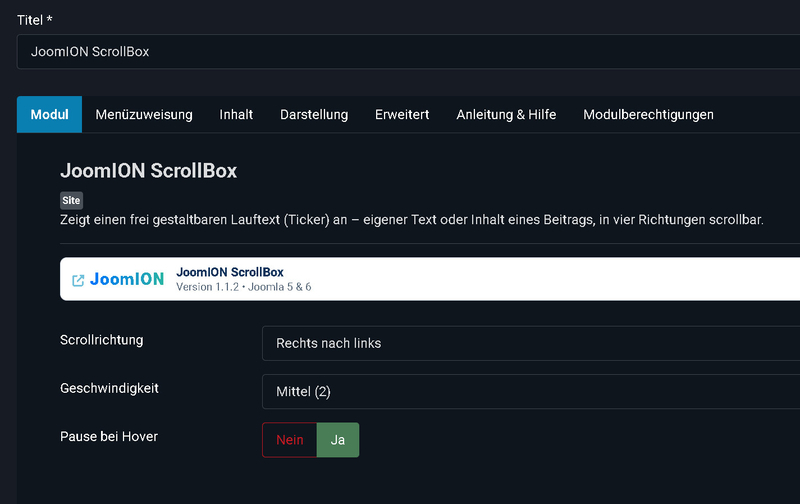 Der Modul-Tab mit dem JoomION-Balken und den Grundeinstellungen (Scrollrichtung, Geschwindigkeit, Pause bei Hover)
