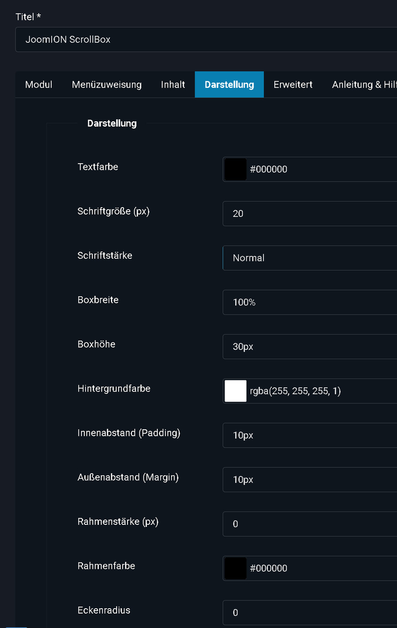 Der Tab „Darstellung" mit allen Style-Optionen