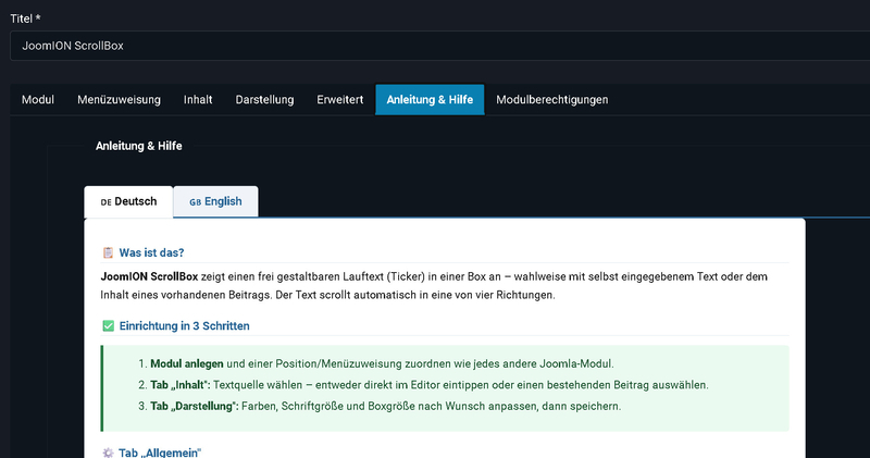 Der Tab „Anleitung & Hilfe" – Deutsch