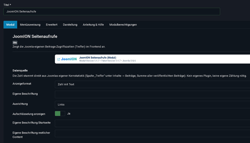 Frontend-Modul, Tab „Modul" mit JoomION-Balken, Anzeigeformat, Ausrichtung und Aufschlüsselung