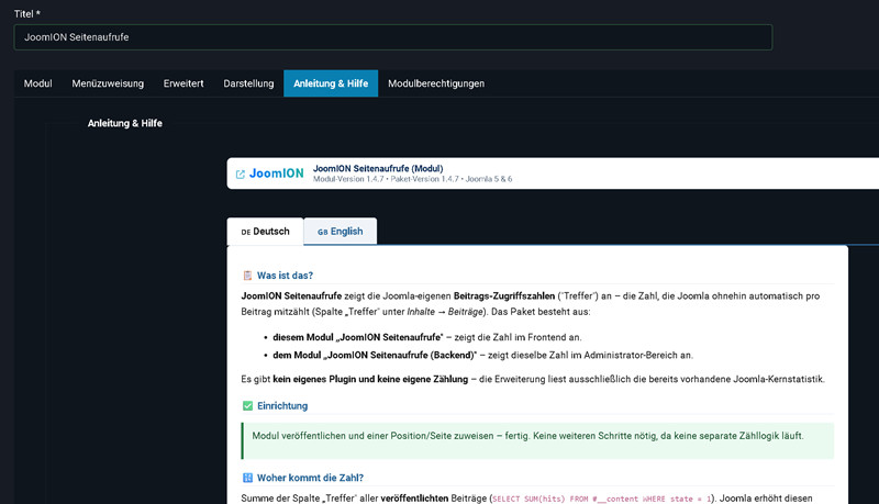 Der Tab „Anleitung & Hilfe" – Deutsch