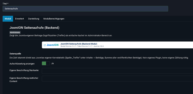 Backend-Modul, Tab „Modul" mit Aufschlüsselung und eigenen Beschriftungen