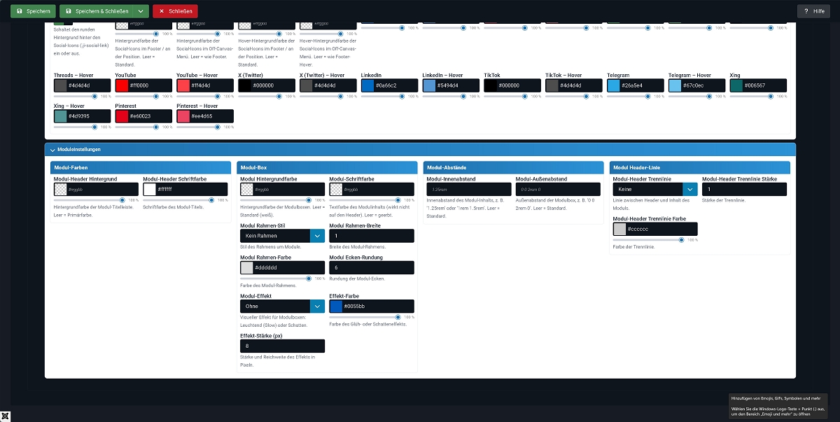 Backend Farbschemas & Styles - Module Einstellungen
