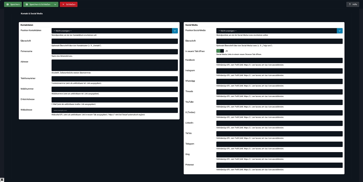Backend Typografie & Schriften - Kontaktdaten & Social Media Einstellungen