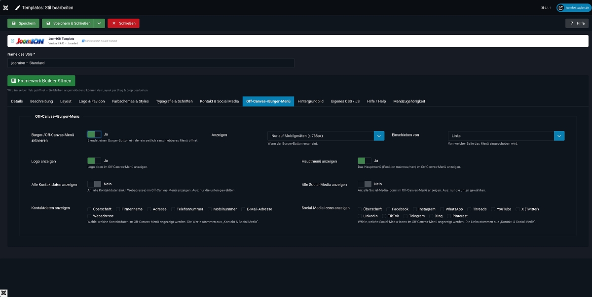 Backend OffCanvas Ansichtseinstellungen