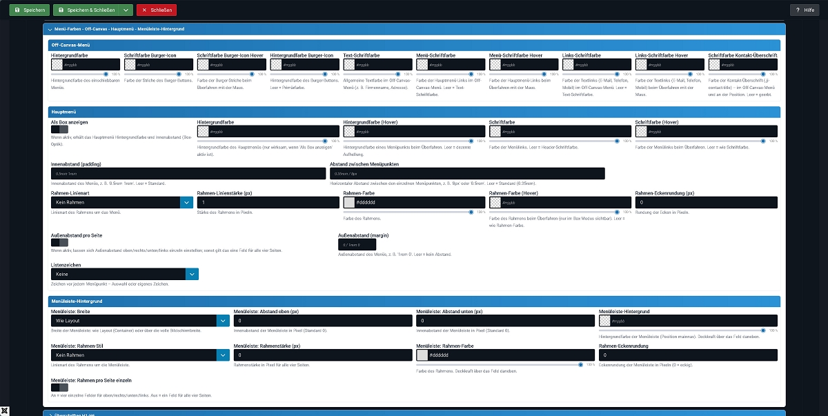 Backend Farbschemas & Styles - Mainmenü und OffCanvas Einstellungen