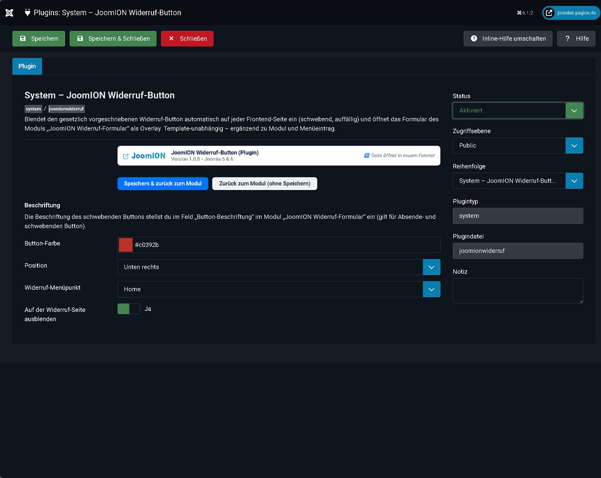Plugin-Konfiguration: Button-Farbe, Position, Widerruf-Menüpunkt