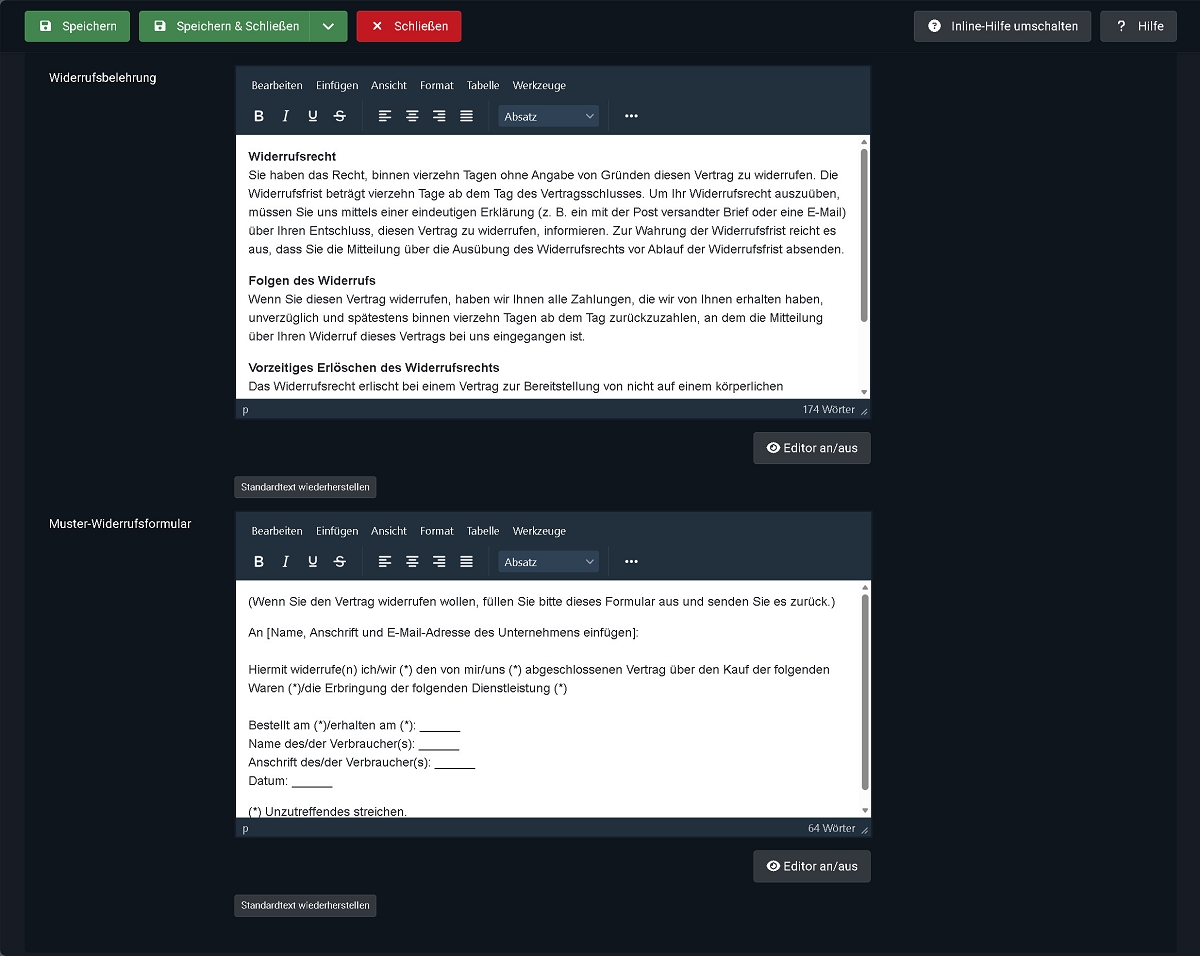Widerrufsbelehrung und Muster-Widerrufsformular im Editor, je mit Button „Standardtext wiederherstellen"