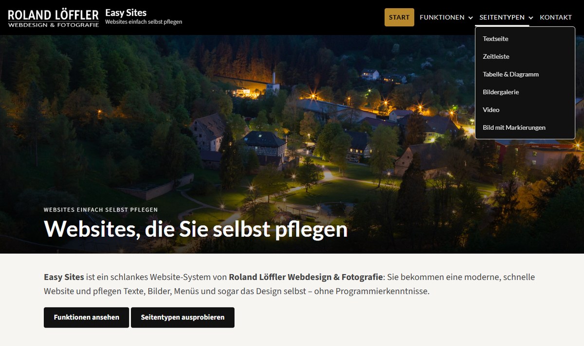 Easy Sites: Startseite mit großem Kopfbild und geöffnetem Aufklappmenü