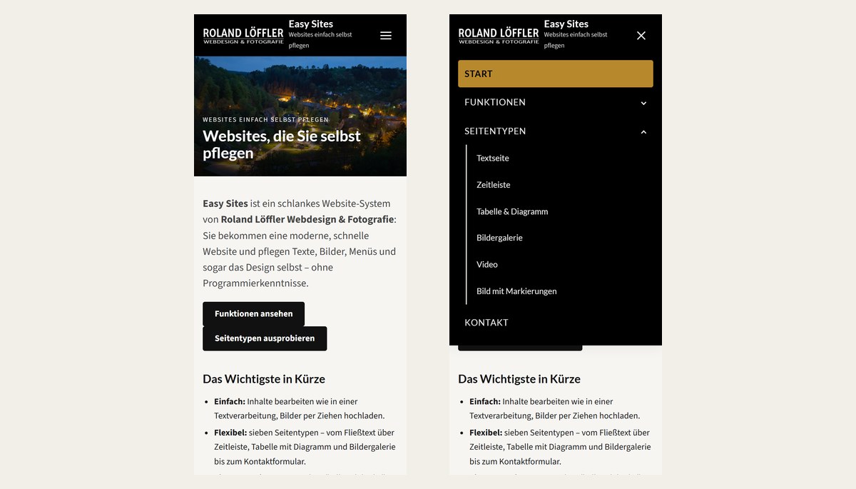 Easy Sites am Handy: Startseite und aufgeklapptes Menü