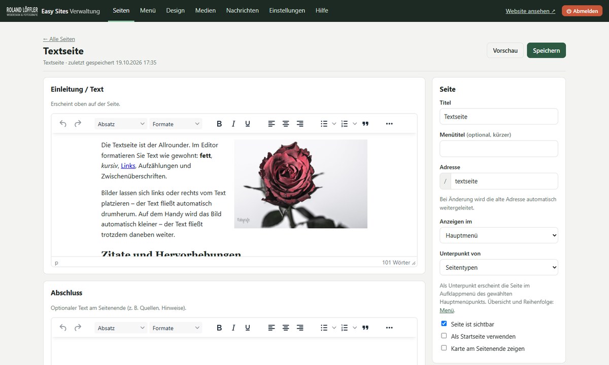 Easy Sites: Seite bearbeiten im Texteditor mit Bild und Seiteneinstellungen