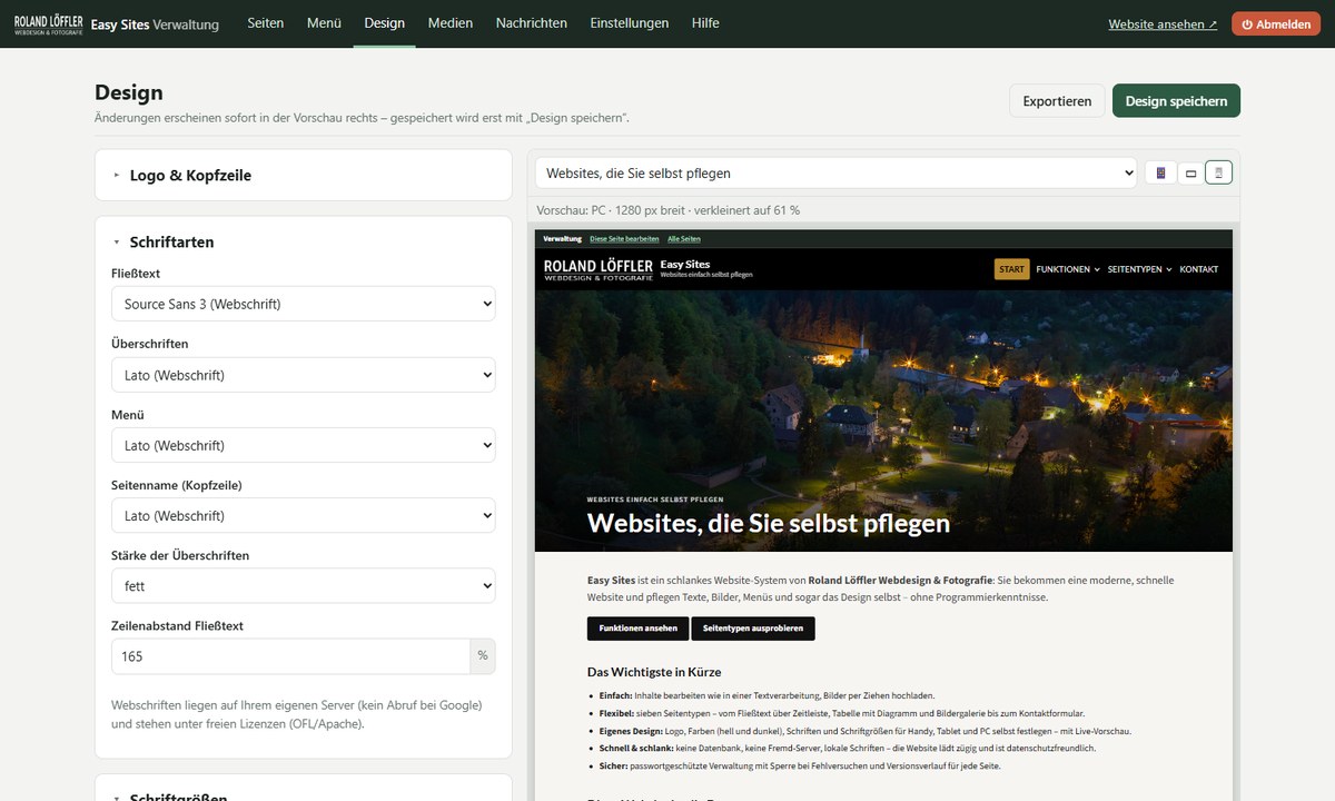 Easy Sites: Design-Editor mit Schrifteinstellungen und Live-Vorschau