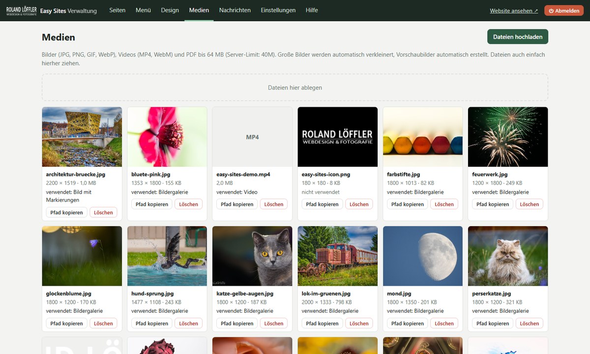Easy Sites: Mediathek mit Vorschaubildern und Verwendungsanzeige