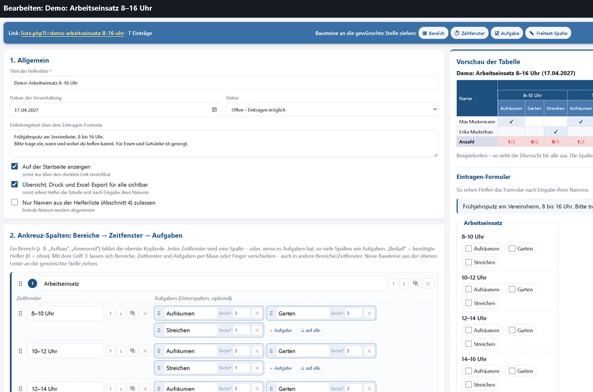 Helferplaner: Editor mit Bausteinleiste links und Live-Vorschau rechts