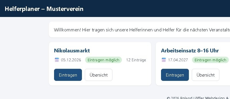 Helferplaner: Startseite mit den offenen Helferlisten