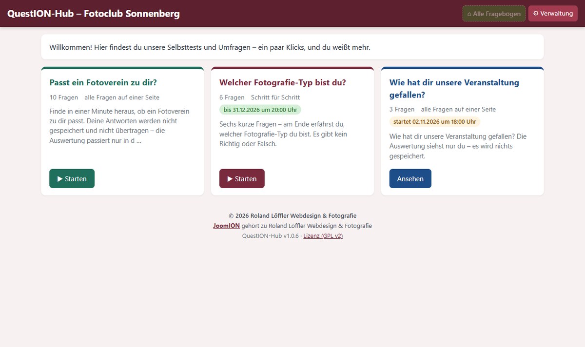 QuestION-Hub: Startseite mit drei Fragebögen in eigenen Farben, mit Laufzeit und Startdatum