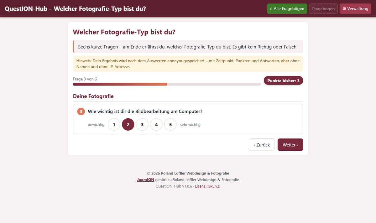 QuestION-Hub: Fragebogen Schritt für Schritt mit Fortschrittsbalken und Skala