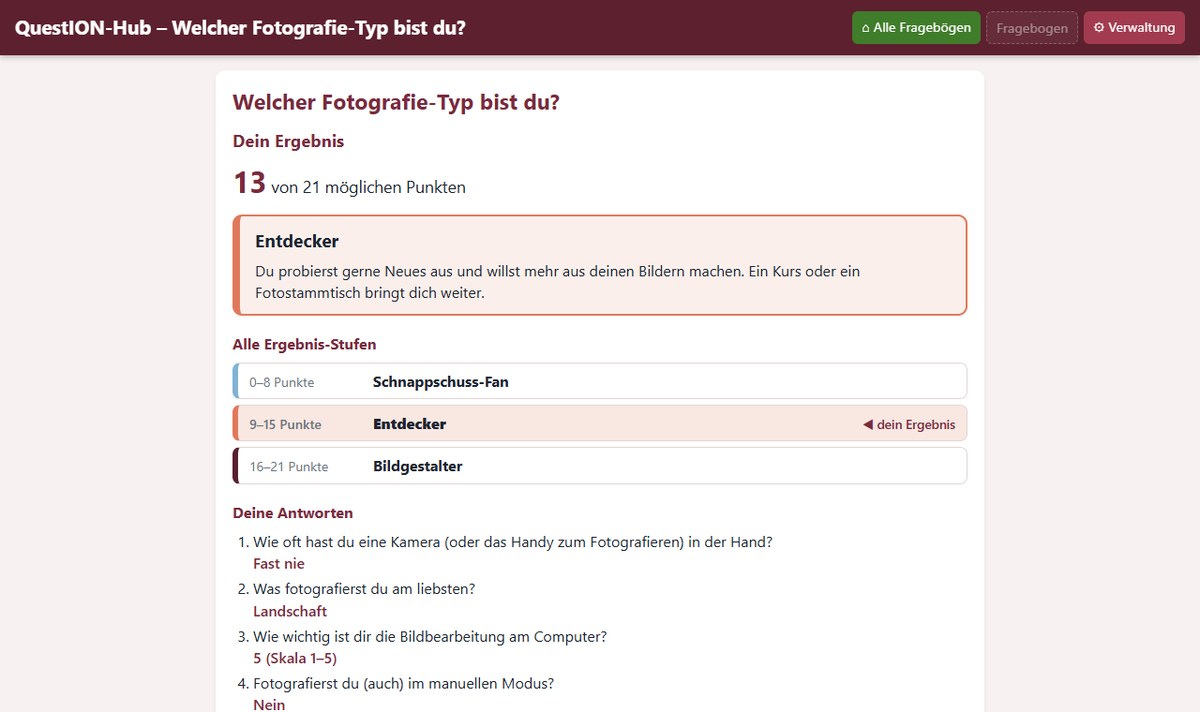 QuestION-Hub: Ergebnis mit Punktzahl, Ergebnis-Stufe und den eigenen Antworten