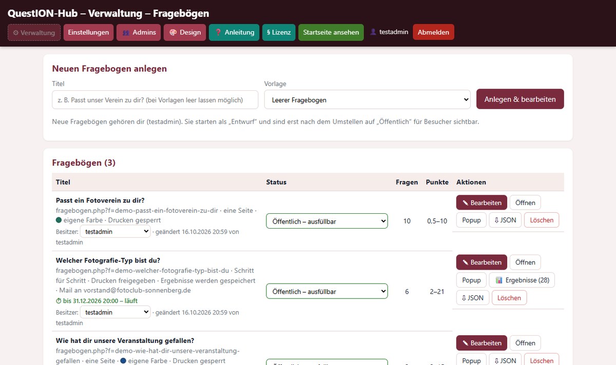 QuestION-Hub: Verwaltung mit allen Fragebögen, Status, Zeitraum und Ergebnissen
