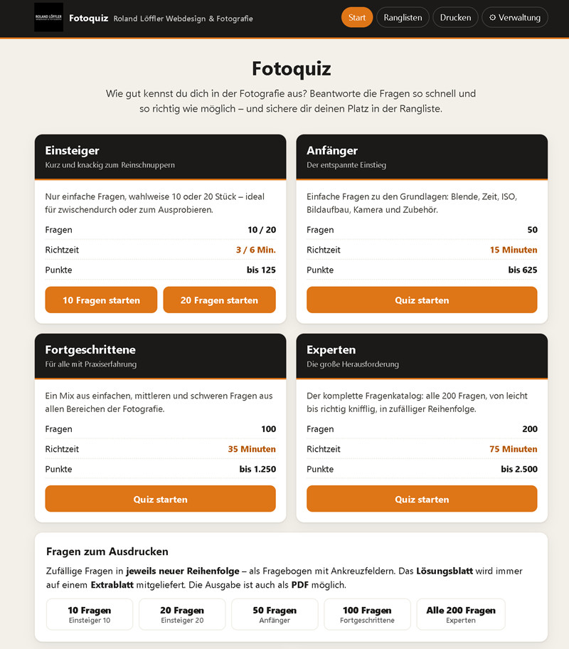 Quizmaster: Startseite mit den Quiz-Stufen Einsteiger, Anfänger, Fortgeschrittene und Experten
