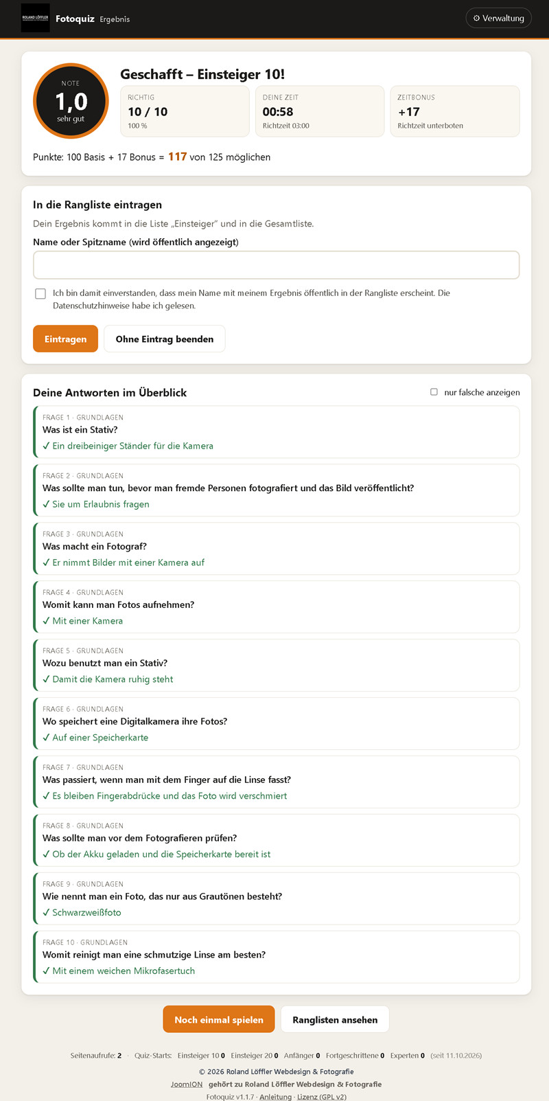 Quizmaster: Ergebnis mit Note, Zeit, Zeitbonus und Antworten im Überblick