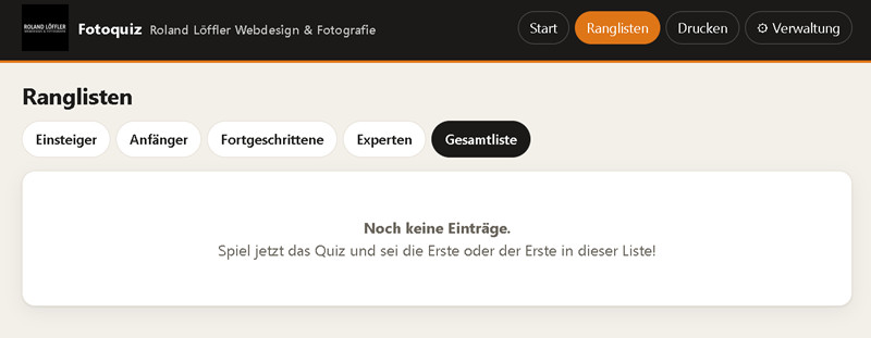 Quizmaster: Ranglisten je Stufe und Gesamtliste