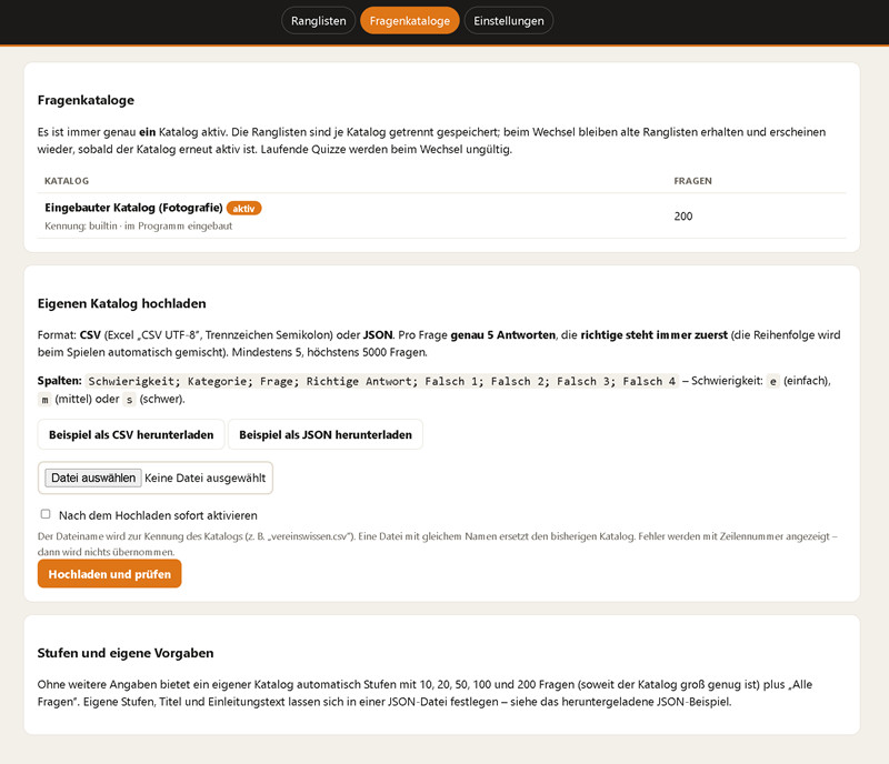Quizmaster: Verwaltung der Fragenkataloge mit Upload von CSV oder JSON
