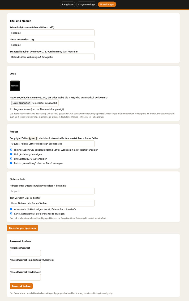 Quizmaster: Einstellungen für Titel, Logo, Footer und Datenschutz